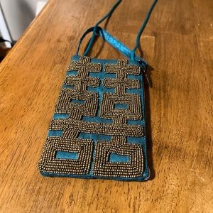 Bamboo trading company small purse cell phone bag in teal with gold beading